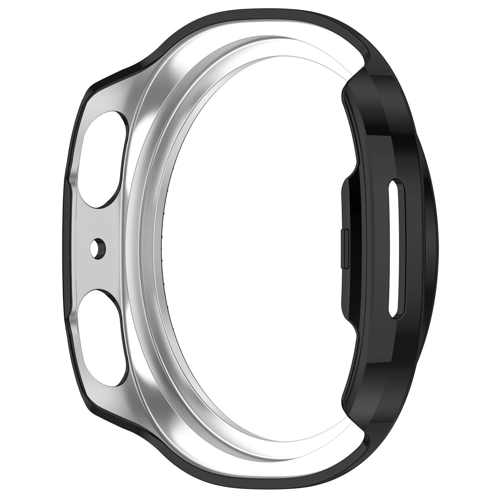Schwarze und silberne Smartwatch-Gehäuseblende mit seitlichen Tastenaussparungen, isoliert auf weißem Hintergrund dargestellt.