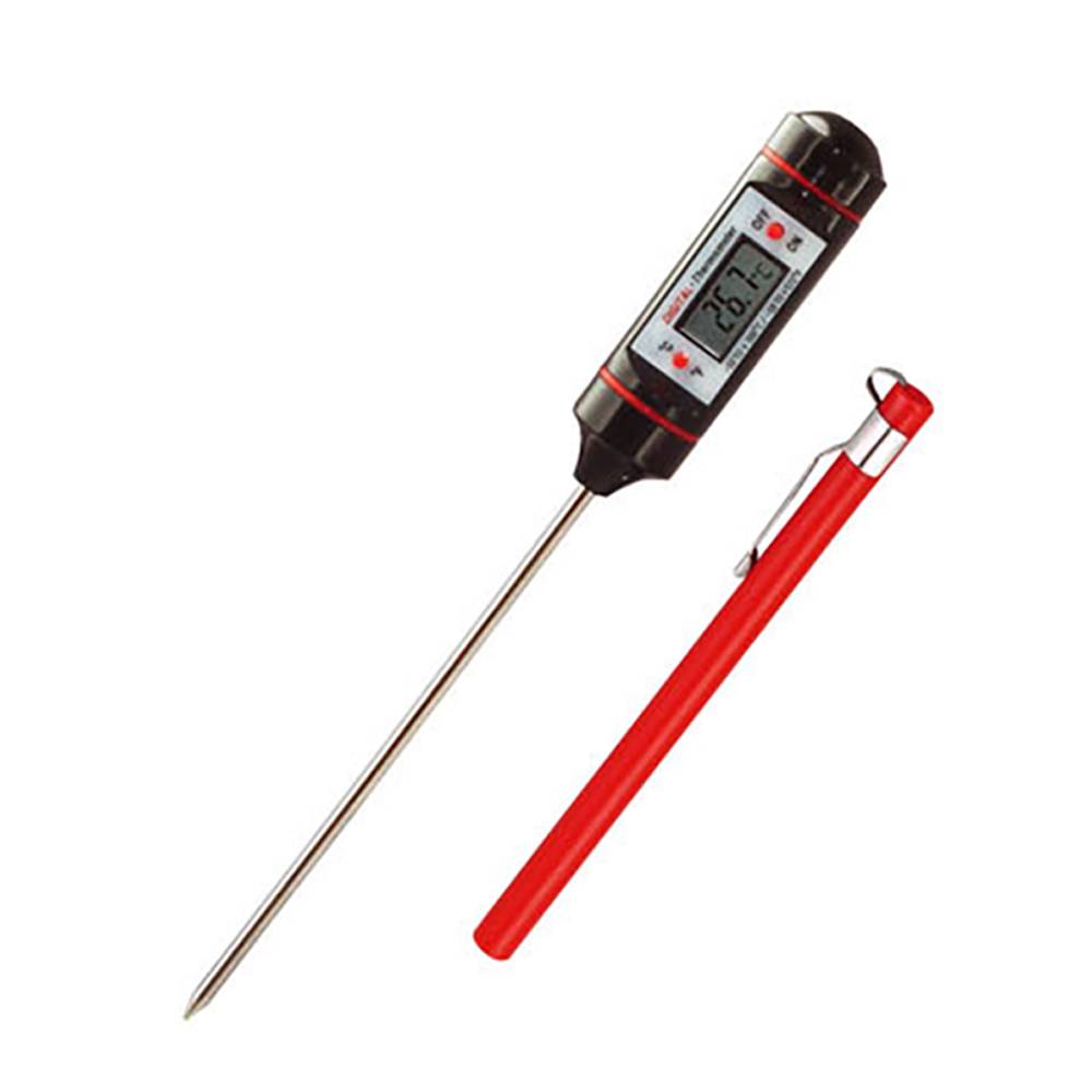 Digitales Lebensmittelthermometer mit einer langen Metallsonde und roter Schutzkappe, auf dessen Bildschirm eine Temperaturanzeige zu sehen ist.
