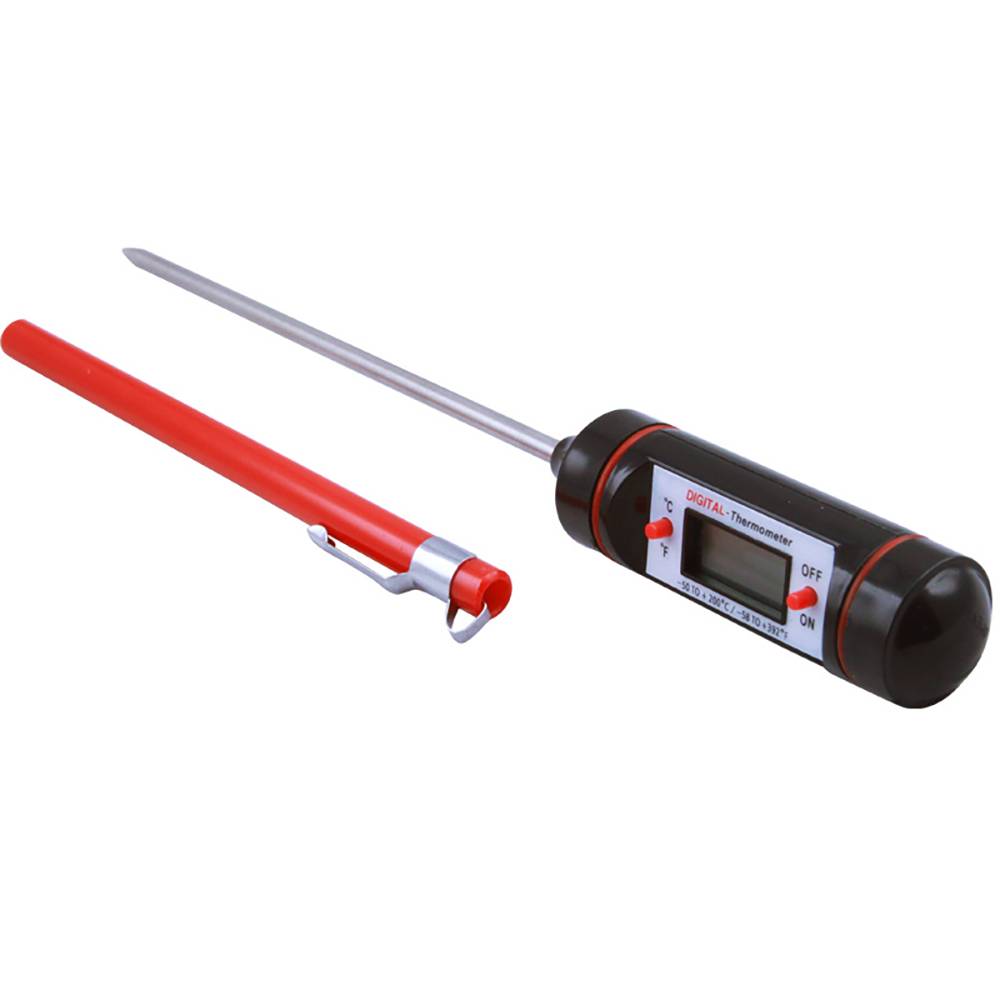 Digitales Thermometer mit einer Sonde und roter Schutzkappe auf weißem Hintergrund.