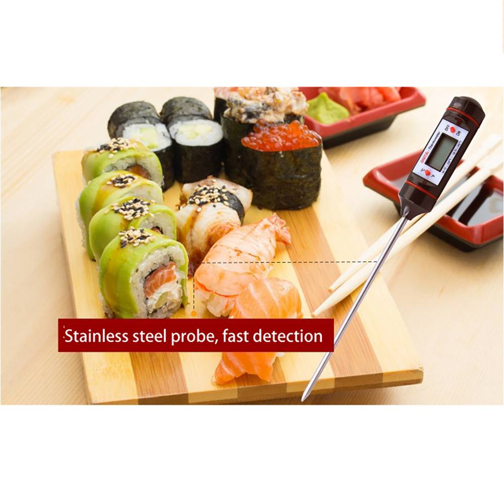 Digitales Lebensmittelthermometer mit Edelstahlsonde prüft Sushi auf einem Holzbrett; die Bildunterschrift lautet „Edelstahlsonde, schnelle Erkennung