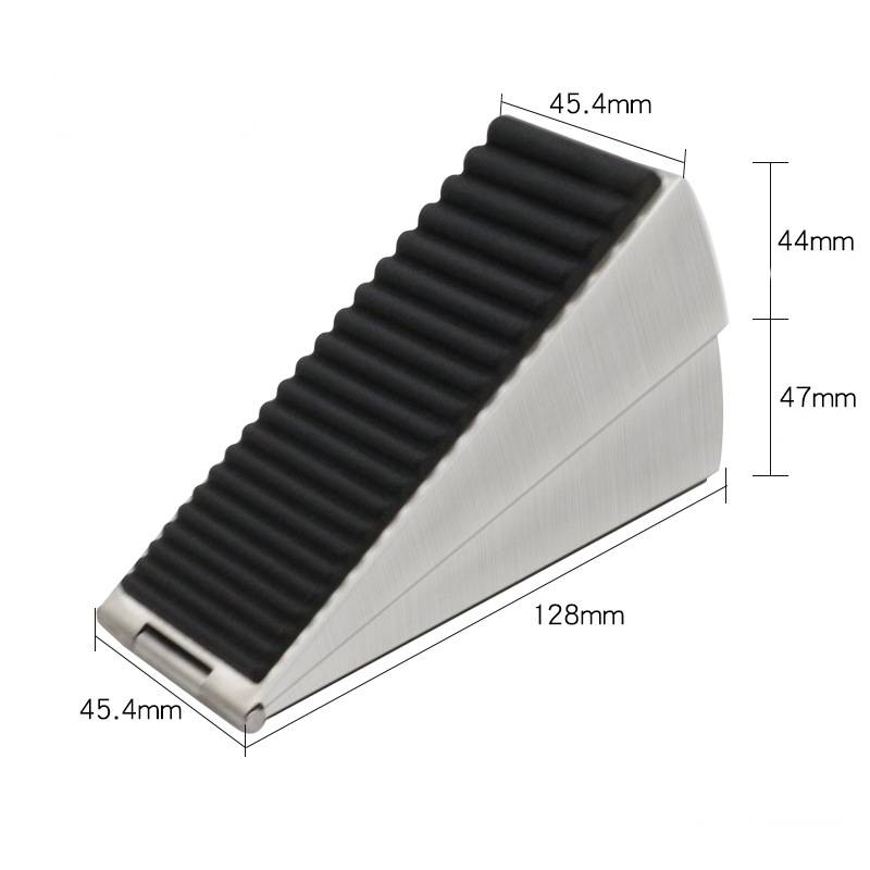 Schwarze Gummi-Türkeil mit gerillter Oberseite, gezeigt mit Abmessungen von 128 mm Länge, 45,4 mm Breite und 44/47 mm Höhe.