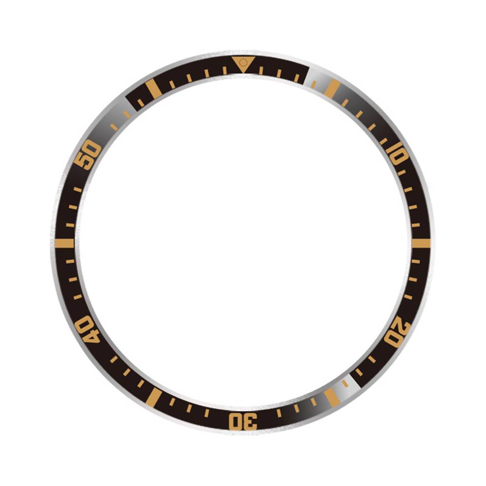 Kreisförmige schwarz-goldene Uhrlünette oder Ring mit Minutenziffern 10, 20, 30, 40 und 50 um ein leeres Zentrum herum.