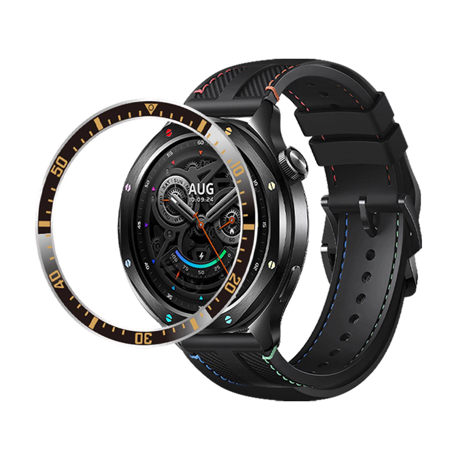 Schwarze Smartwatch mit rundem Analog-Digital-Display und schwarzem Armband, gezeigt mit einem abnehmbaren Lünettenring um das Zifferblatt.