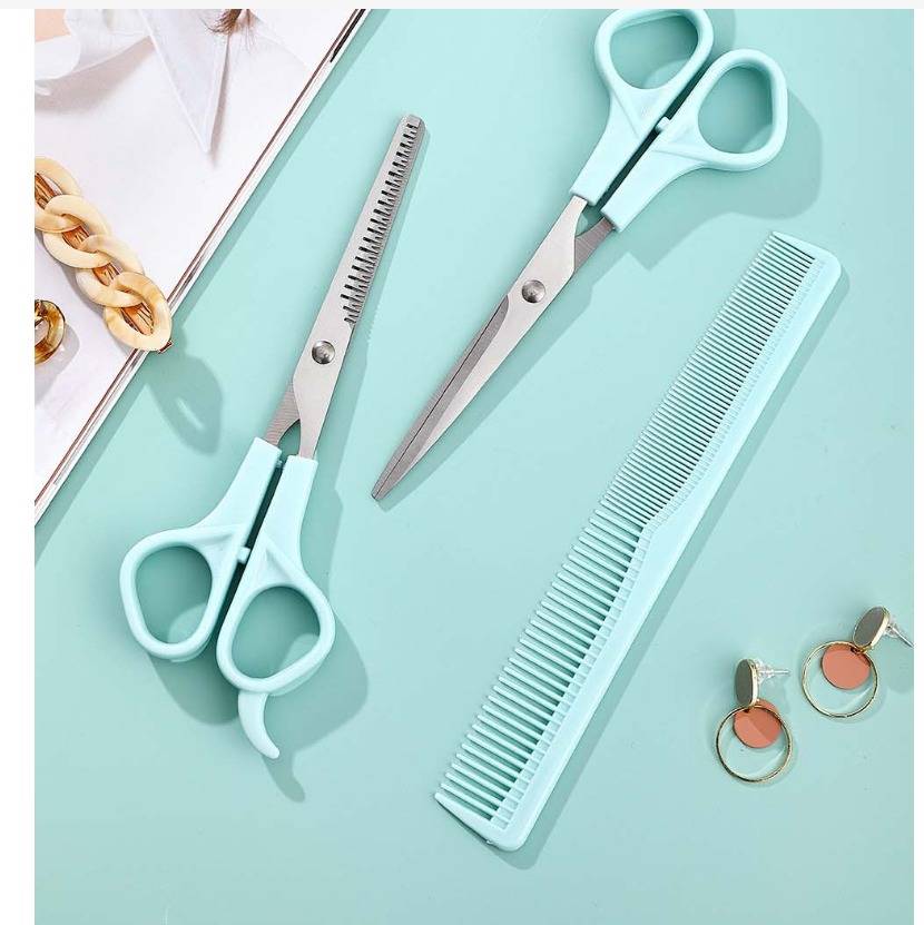 Pastellblaues Grooming-Set mit zwei Scheren, einem Kamm und kleinen Creolen auf mintgrünem Hintergrund angeordnet.