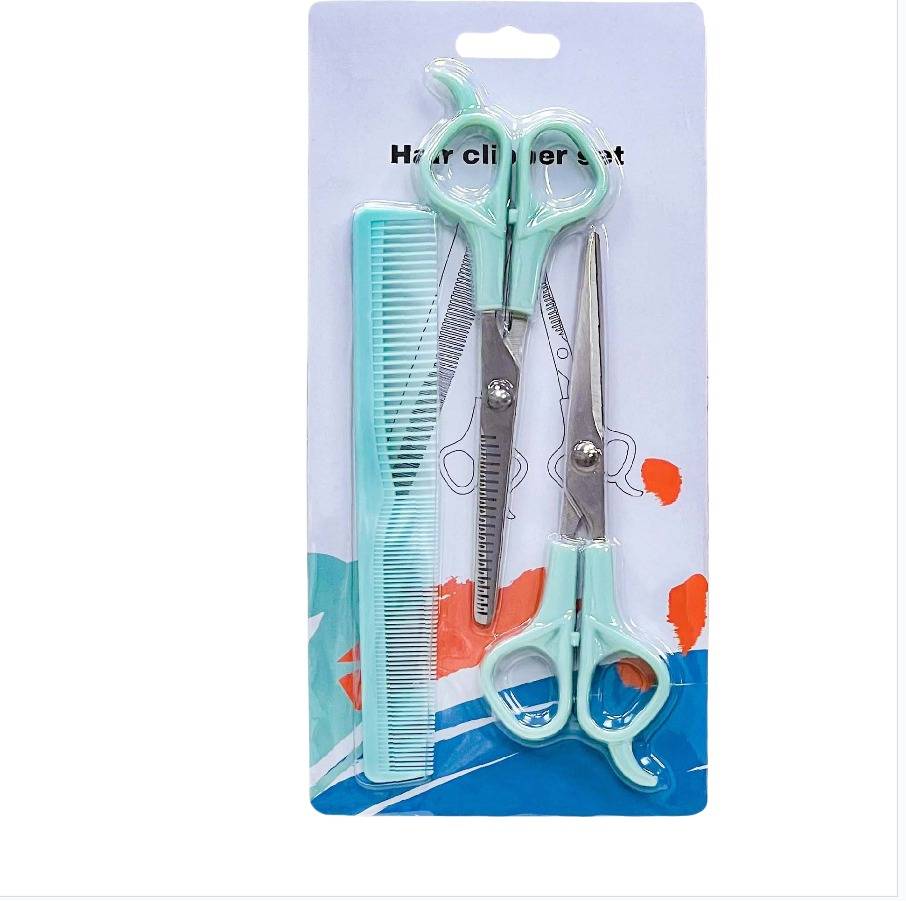 Haarschneidemaschinen-Set in Verpackung mit Kamm, Schere und Effilierschere in Mintgrün