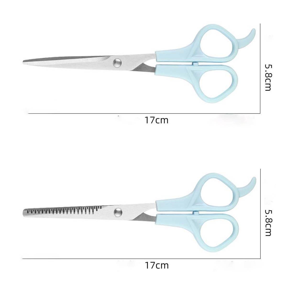Zwei hellblaue Scheren nebeneinander dargestellt, offen und mit Wellenschliff, jeweils beschriftet mit 17 cm Länge und 5,8 cm Höhe.