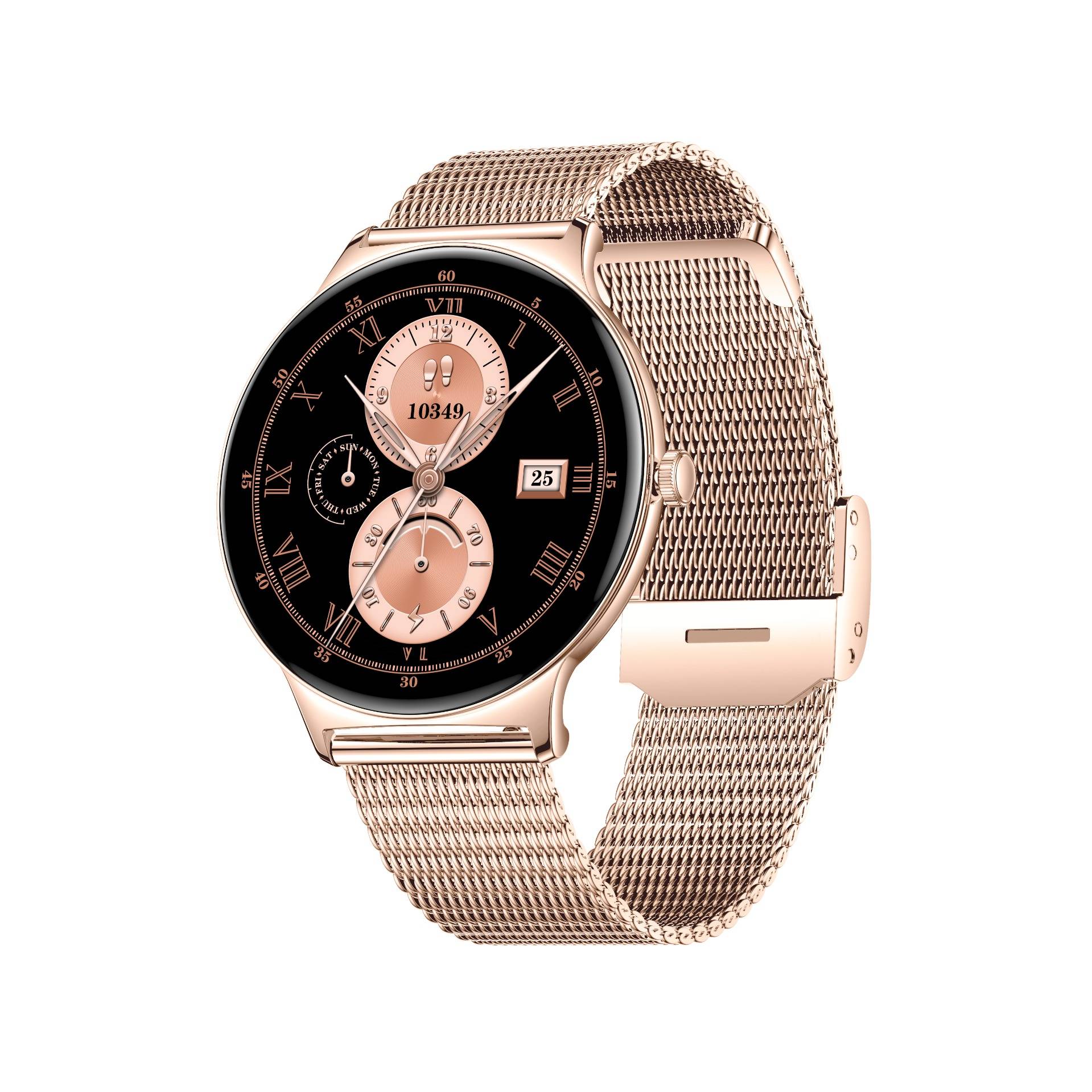 Roségoldene Armbanduhr mit schwarzem Zifferblatt, römischen Ziffern, Datumsanzeige und Metallmaschenarmband auf weißem Hintergrund.