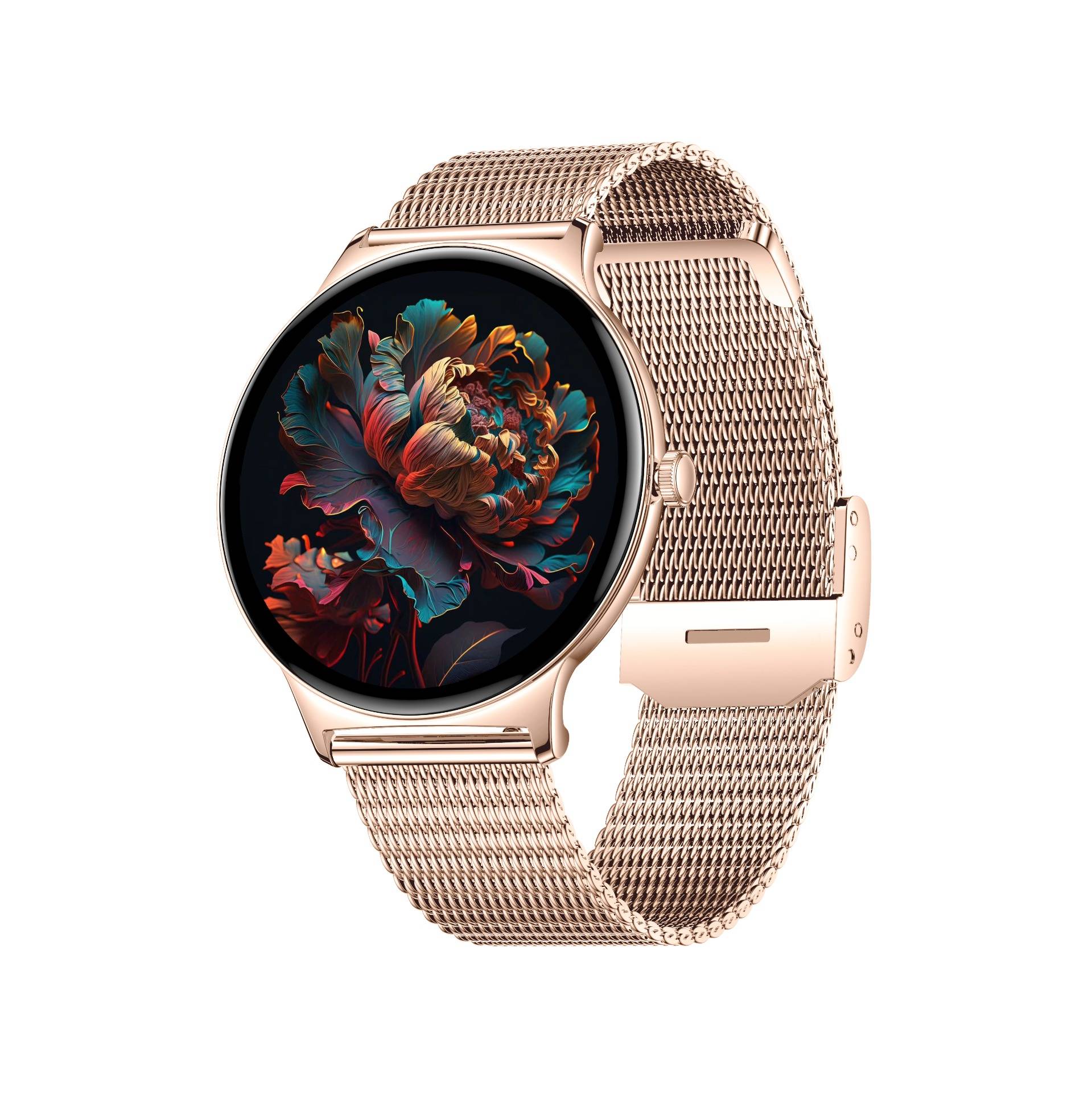 Roségold Smartwatch mit rundem Blumen-Display und passendem Metallnetzarmband auf weißem Hintergrund.