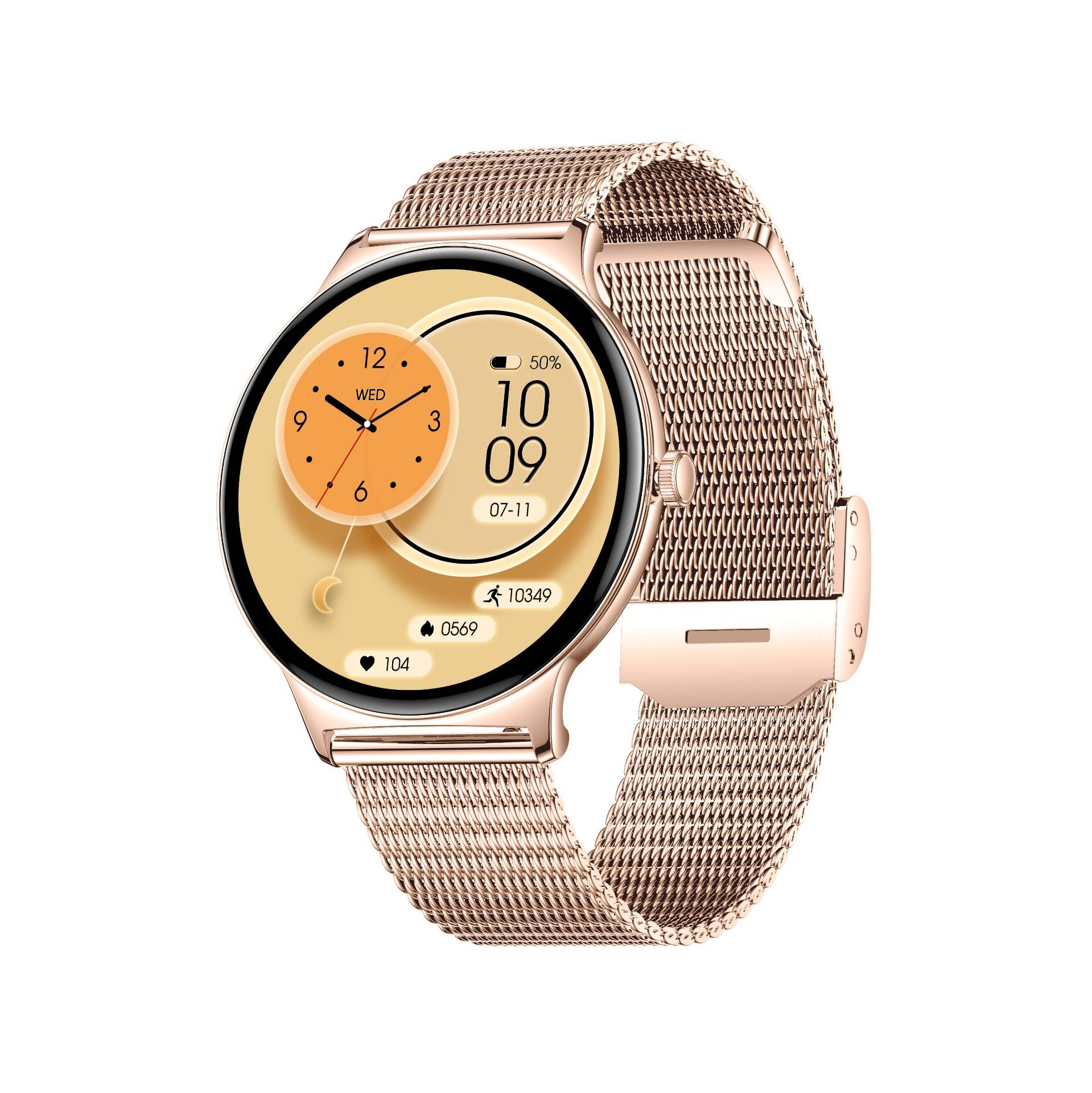 Roségoldene Smartwatch mit Netzband, zeigt ein anpassbares digital-analoges Zifferblatt mit Schrittzähler, Herzfrequenz, Datum und Batterieladungsanzeige.
