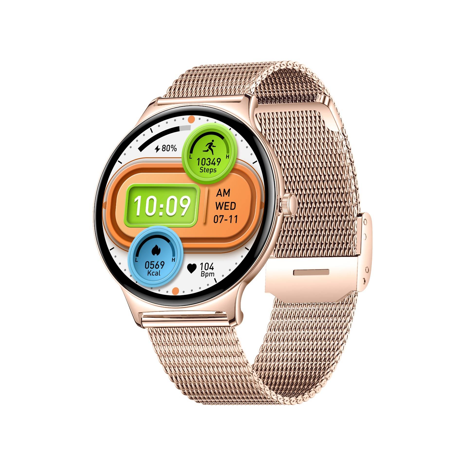 Rosegoldene Smartwatch mit Netzarmband zeigt 10:09 Uhr und Fitnessdaten: 80% Akku, 10.349 Schritte, 569 kcal, 104 Bpm, MI 07-11.
