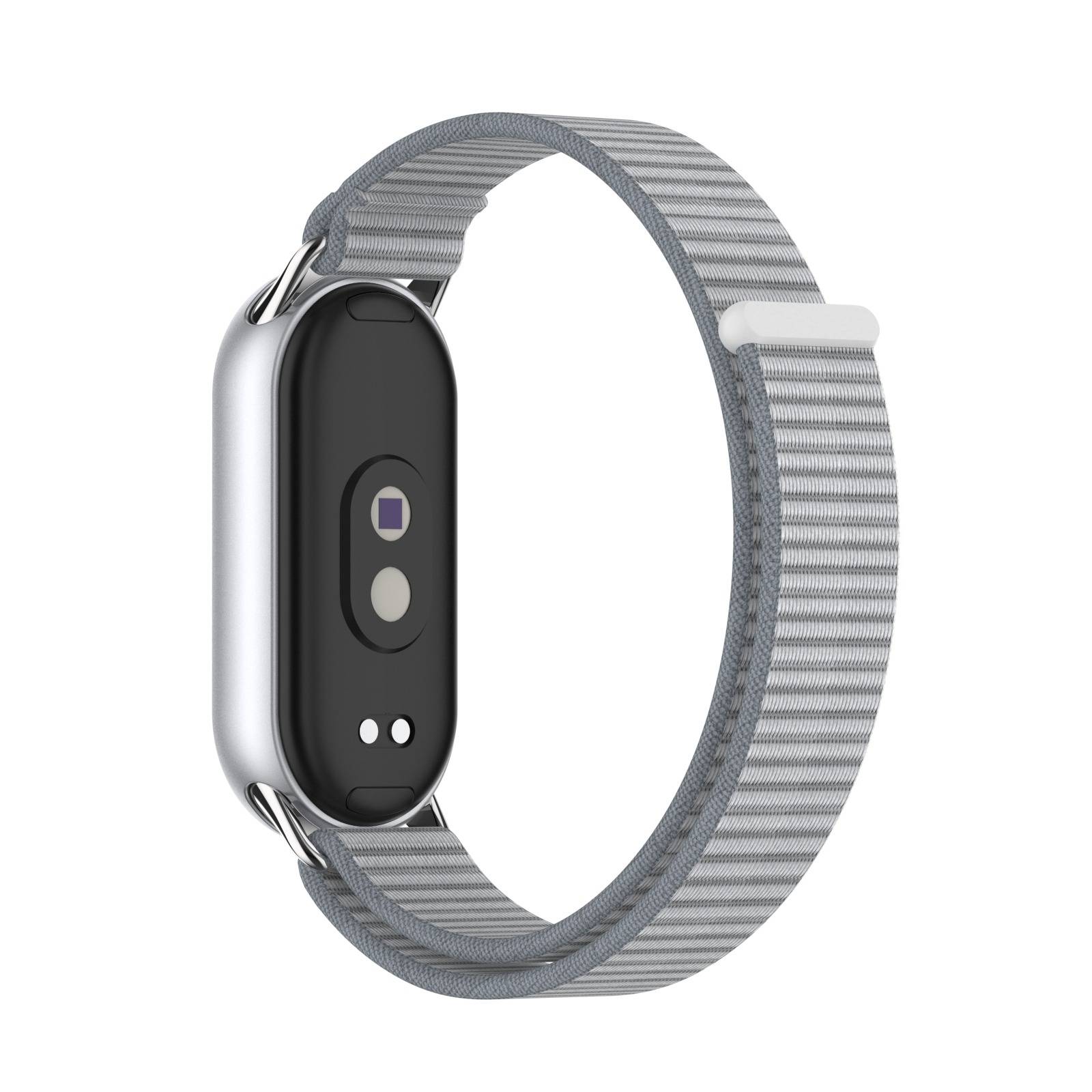Grauer Fitness-Tracker mit gewebtem grauem Armband, in Seitenansicht auf weißem Hintergrund dargestellt.