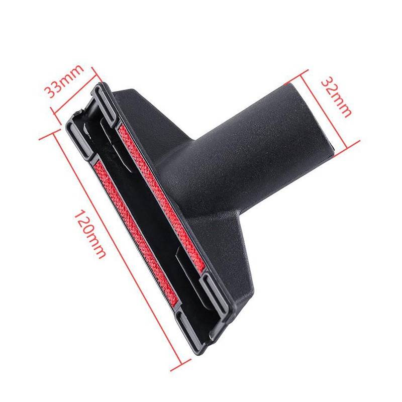 Schwarze Staubsaugerbürste für Polstermöbel mit roten Filzkanten, gezeigt mit Abmessungen: 120 mm lang, 33 mm breit, 32 mm Öffnungsdurchmesser.