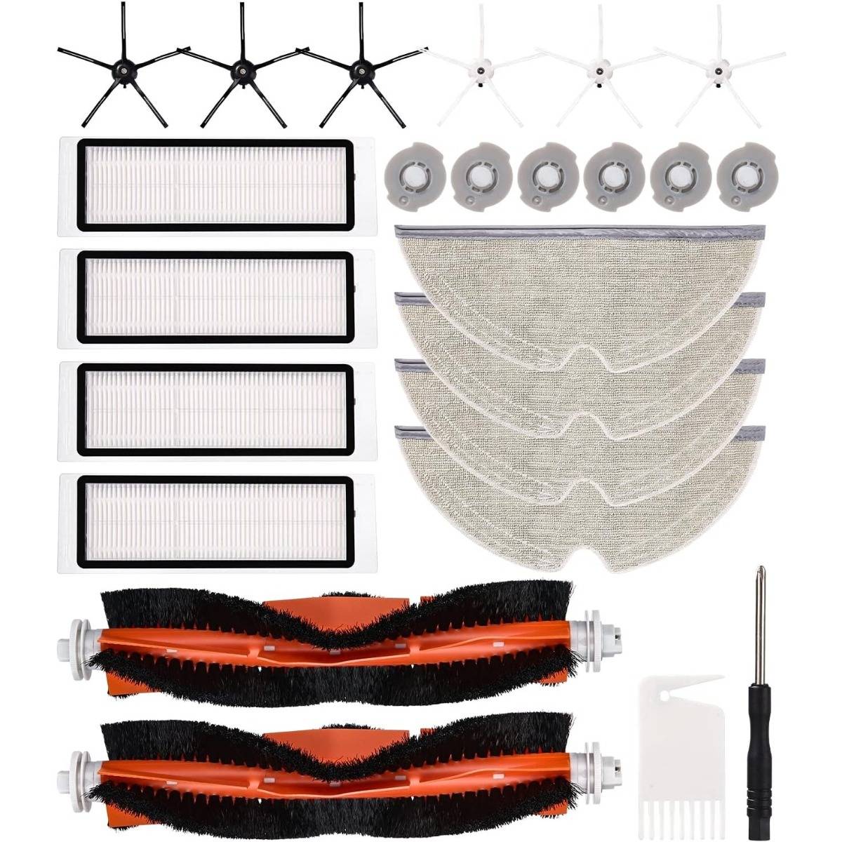 Ersatzteileset für einen Staubsaugerroboter: Bürsten, Filter, Seitenbürsten, Wischtücher und ein Reinigungswerkzeug.