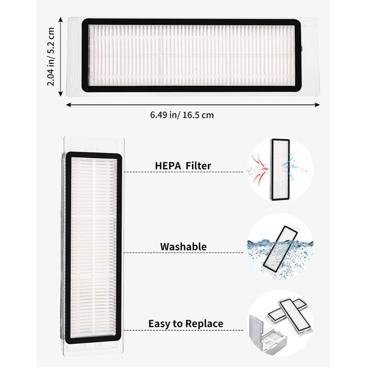 Produktbild eines rechteckigen HEPA-Luftfilters, 6,49 Zoll mal 2,04 Zoll, gekennzeichnet als waschbar und leicht austauschbar.