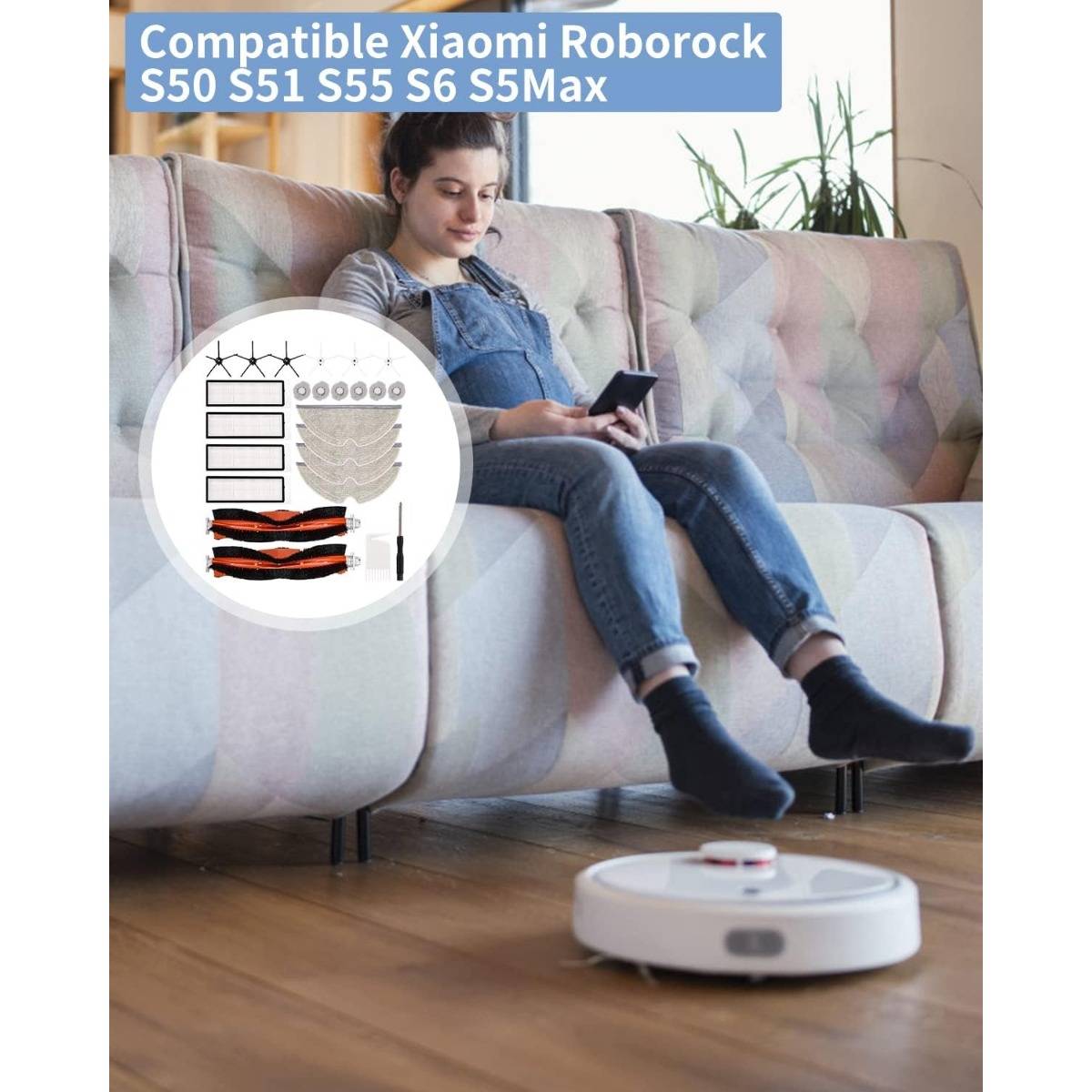 Frau auf einem Sofa, die ein Telefon benutzt, während ein Roboterstaubsauger den Boden reinigt; Das Banner lautet „Kompatibel mit Xiaomi Roborock S50 S51 S55 S6 S5Max".