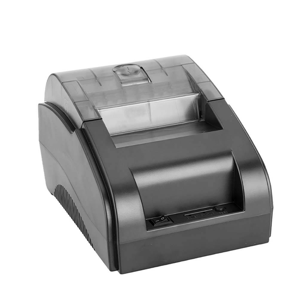 Kompakter schwarzer Thermobondrucker auf weißem Hintergrund, dargestellt in Dreiviertelsicht.