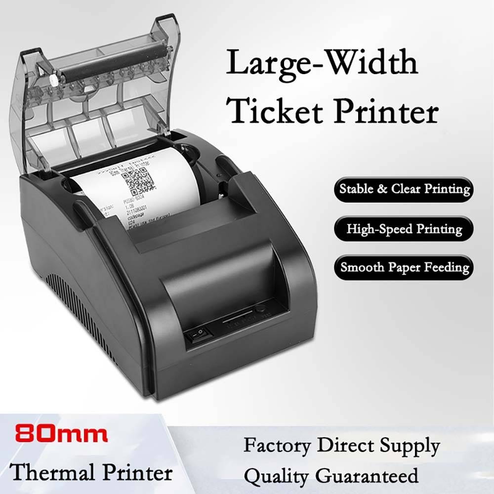Produktanzeige mit einem 80mm breiten Thermodrucker für Tickets, der eine Quittung druckt, mit den Texten „Stabiles und klares Drucken
