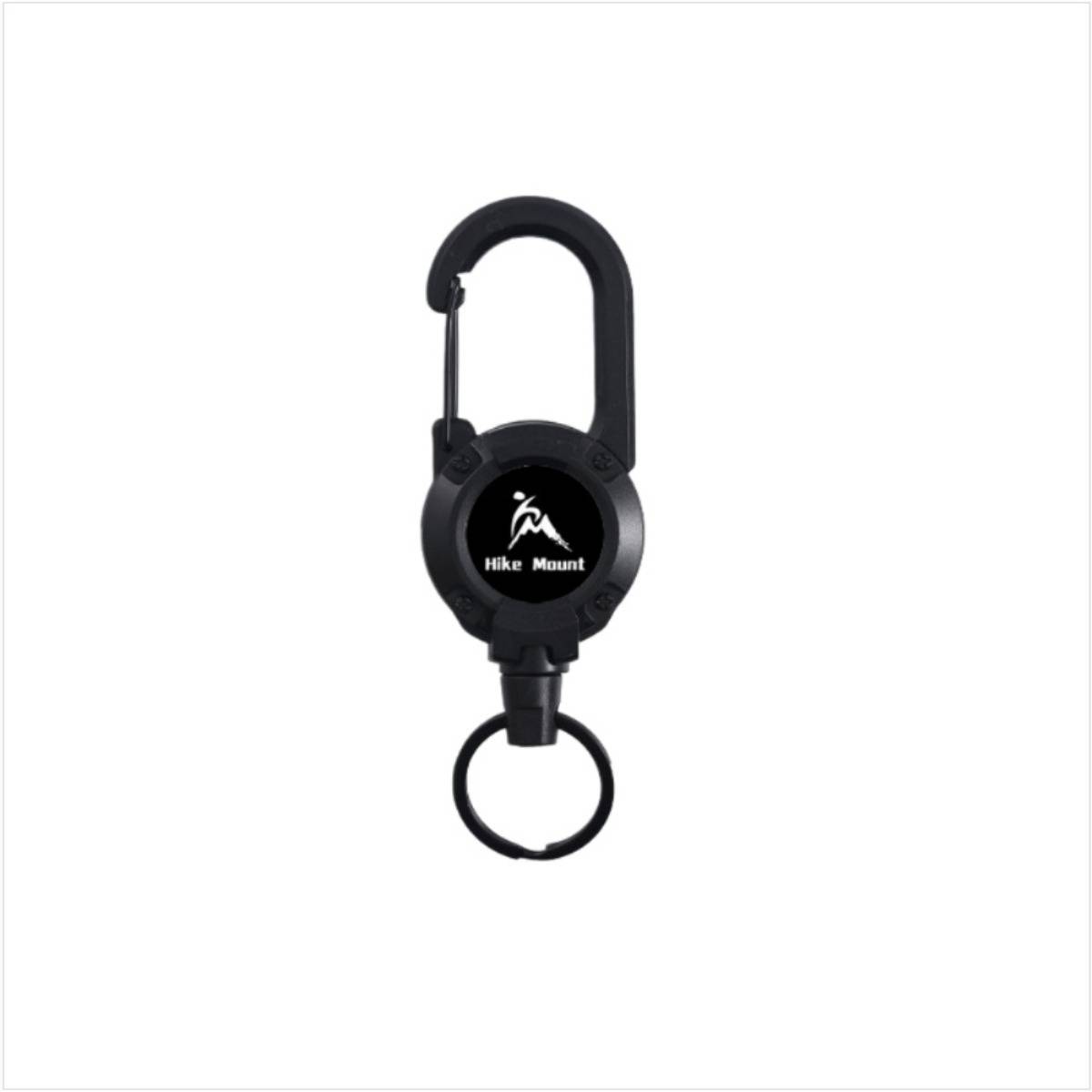 Schwarzer Karabiner-Stil Schlüsselanhänger-Clip mit rundem 'Hike Mount' Logo und einem Schlüsselring auf weißem Hintergrund.