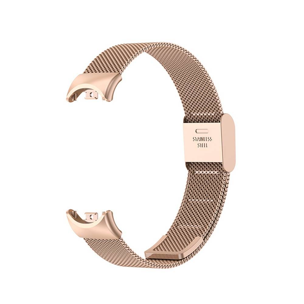 Rosegold-Edelstahlwatchband mit Mesharmband und Schließe, isoliert auf weißem Hintergrund dargestellt.