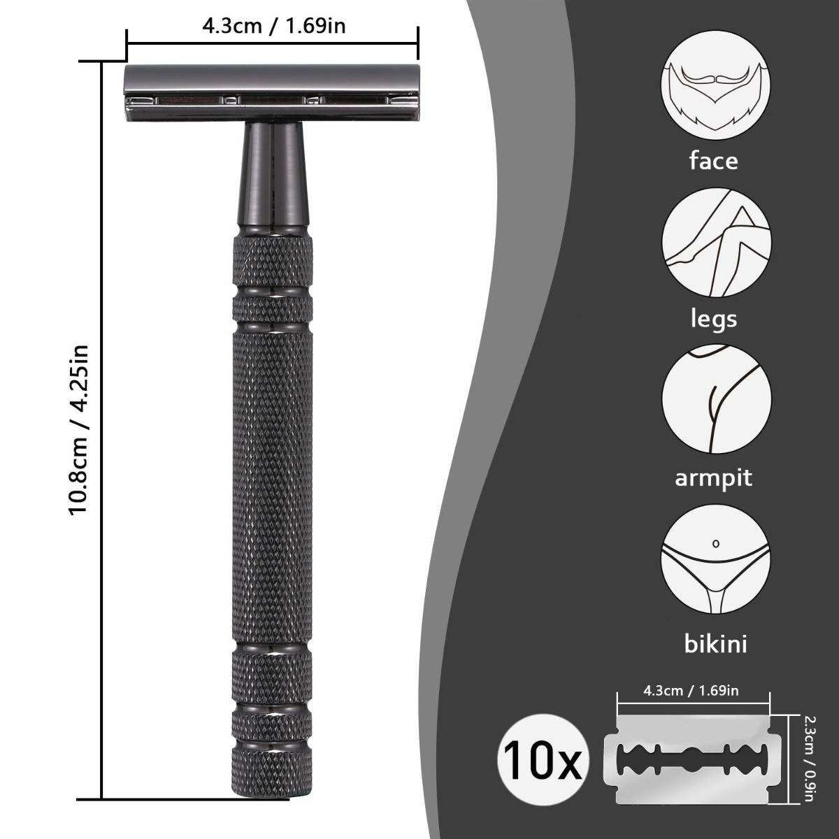 Produktdiagramm eines Sicherheitsrasierers mit einer Größe von 10,8 cm x 4,25 Zoll, Kopf 4,3 cm x 1,69 Zoll und Verwendung für Gesicht, Beine, Achselhöhlen und Bikinizone; enthält 10 Klingen.