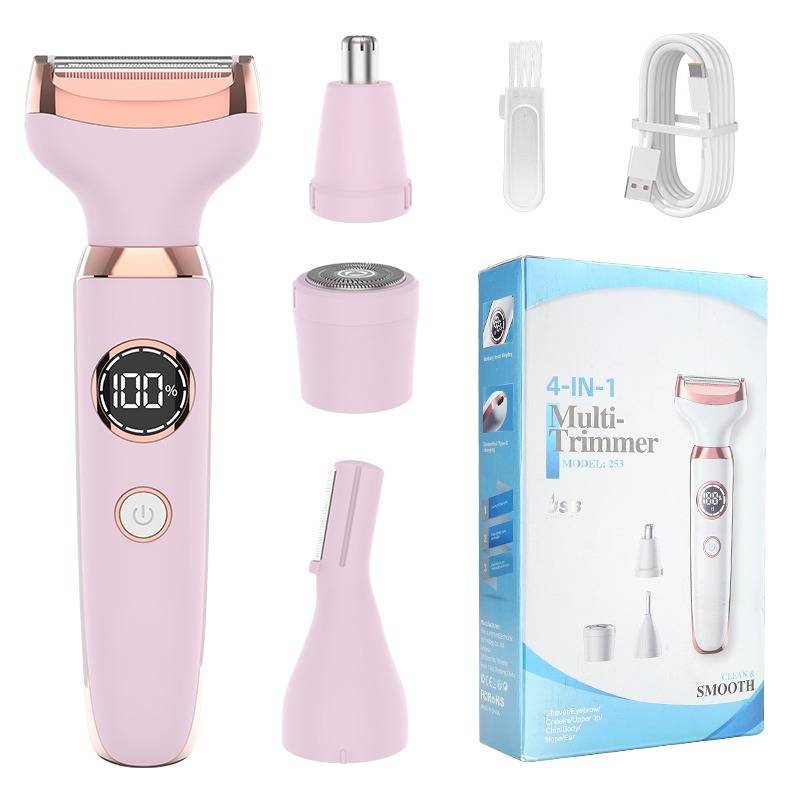 Rosa 4-in-1-Multitrimmer mit austauschbaren Köpfen, Ladekabel und Produktverpackung auf weißem Hintergrund angezeigt.