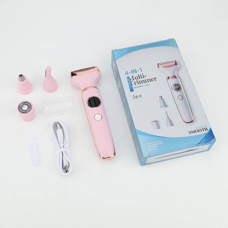 Rosa 4-in-1 Damen-Grooming-Trimmer mit austauschbaren Köpfen, Ladekabel und Verpackungsbox auf weißem Hintergrund.