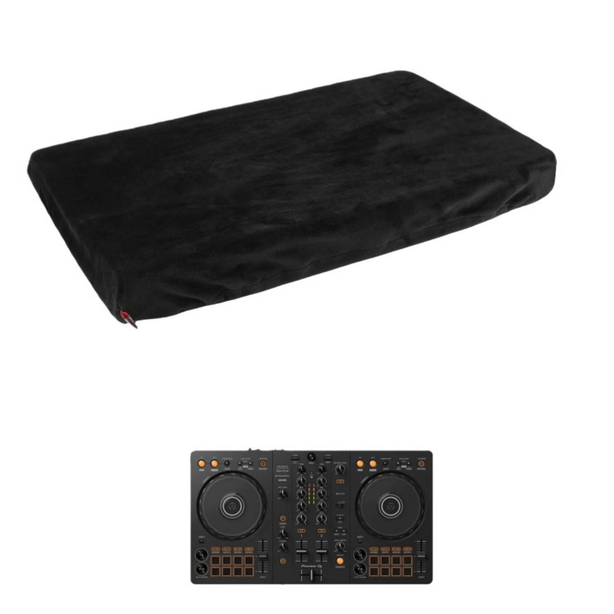Schwarze Schutzhülle mit einem darunter gezeigten DJ-Controller, die anzeigt, dass die Hülle für Mixer-große Geräte passt.