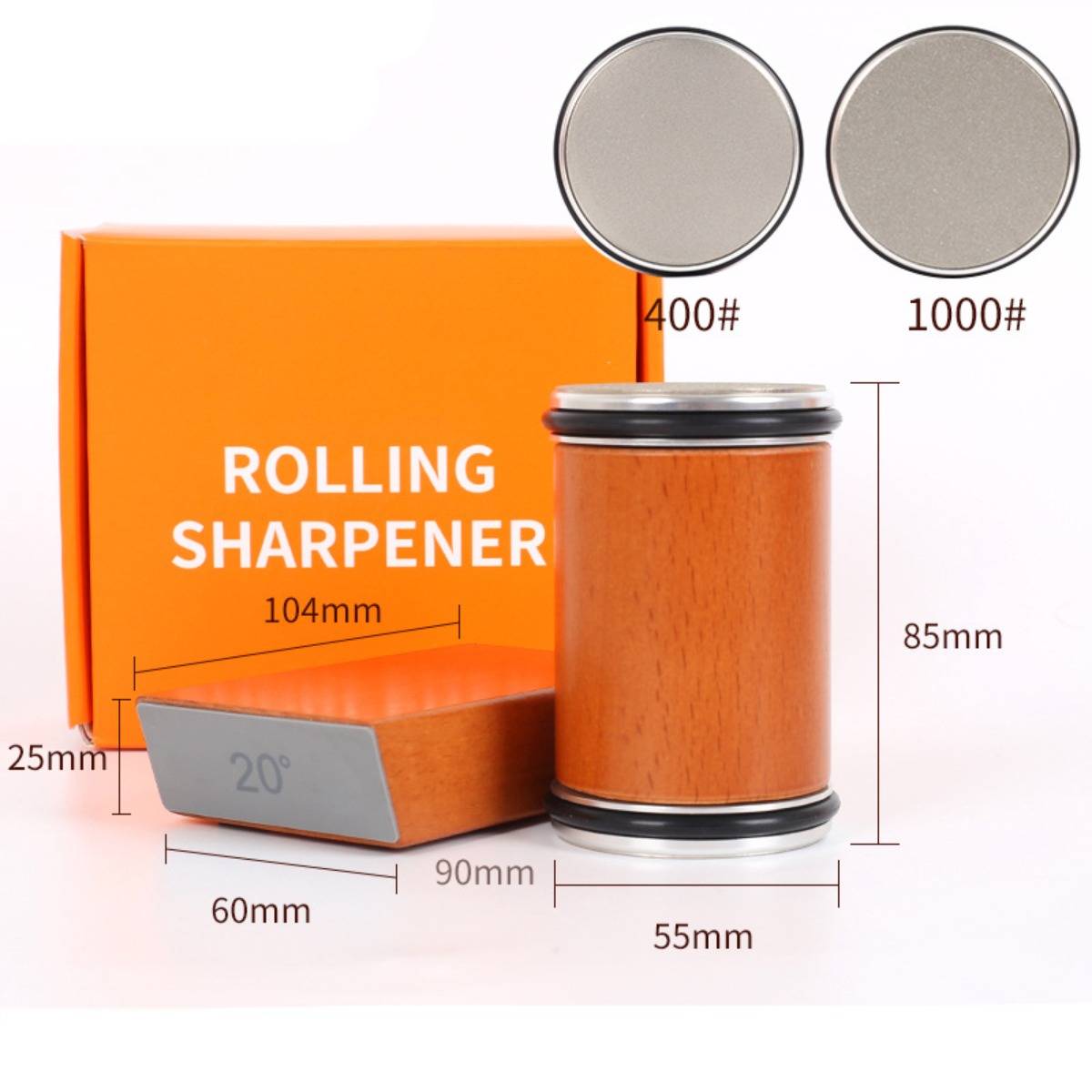 Produktbild eines Rollenschärfers mit orangefarbener Schachtel, zeigt Schleifscheiben mit 400er und 1000er Körnung sowie Größenangaben für den Schärferkörper und den Griffblock.
