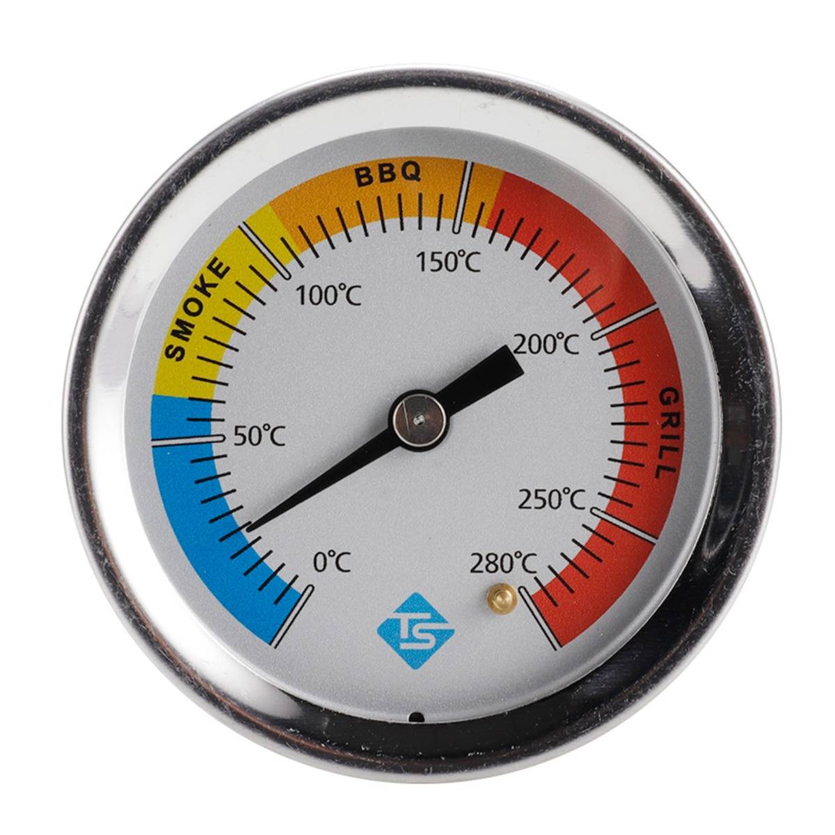 Analoges BBQ-Grillthermometer zeigt etwa 170°C an, mit farbigen Rauch-, BBQ- und Grilltemperaturbereichen.