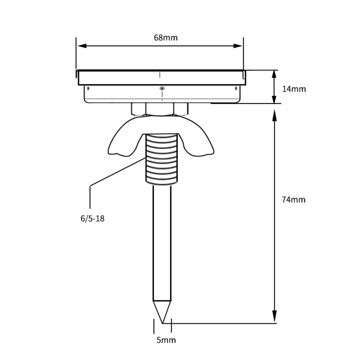 Technische Zeichnung einer Befestigung mit einer Oberflächenbreite von 68 mm, einer Kopfhöhe von 14 mm, einer Gesamtlänge von 74 mm, einer Spitze von 5 mm und einer Gewindegröße von 6/5-18.