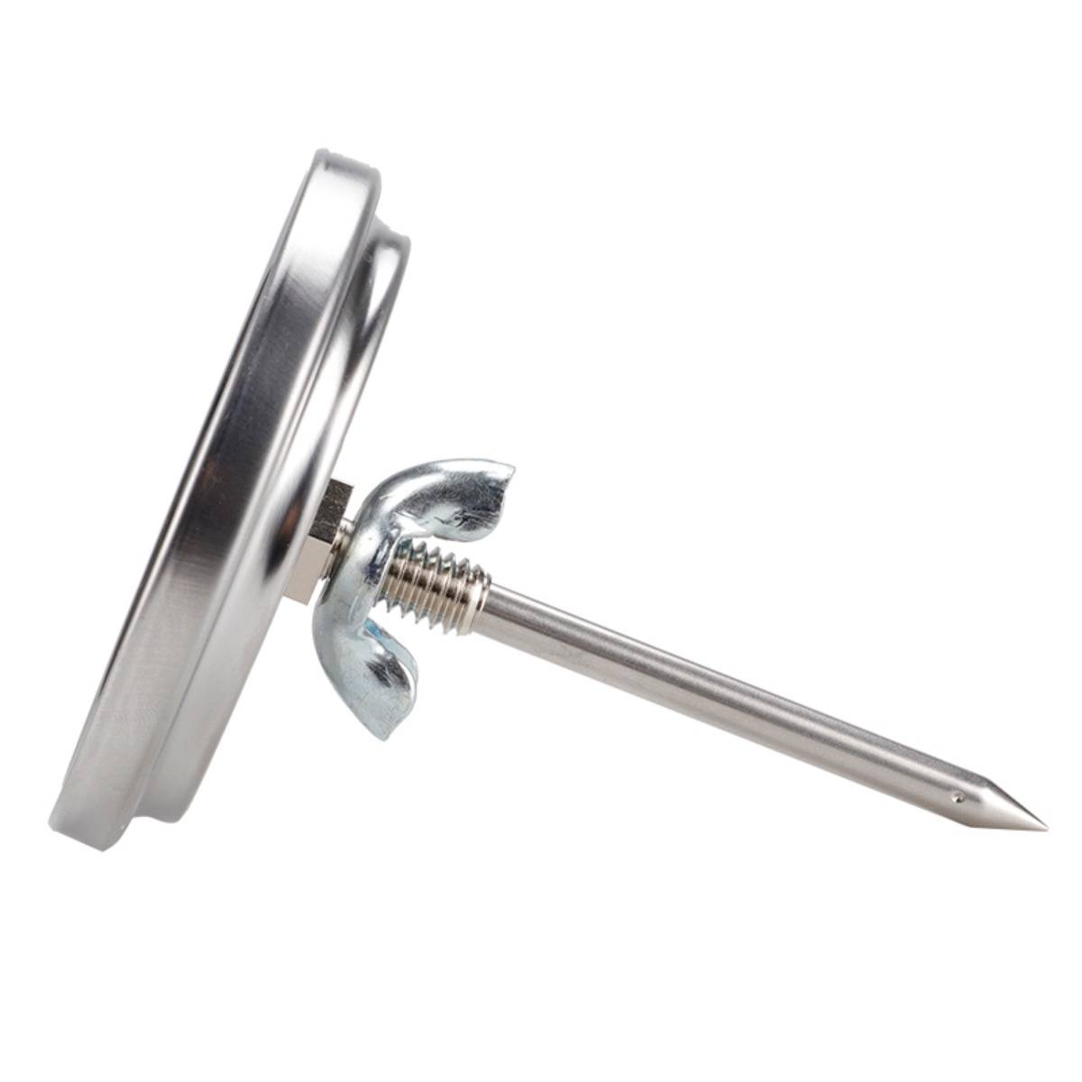 Eine Metallthermometer-Sonde mit rundem Zifferblatt, Seitenansicht auf weißem Hintergrund.