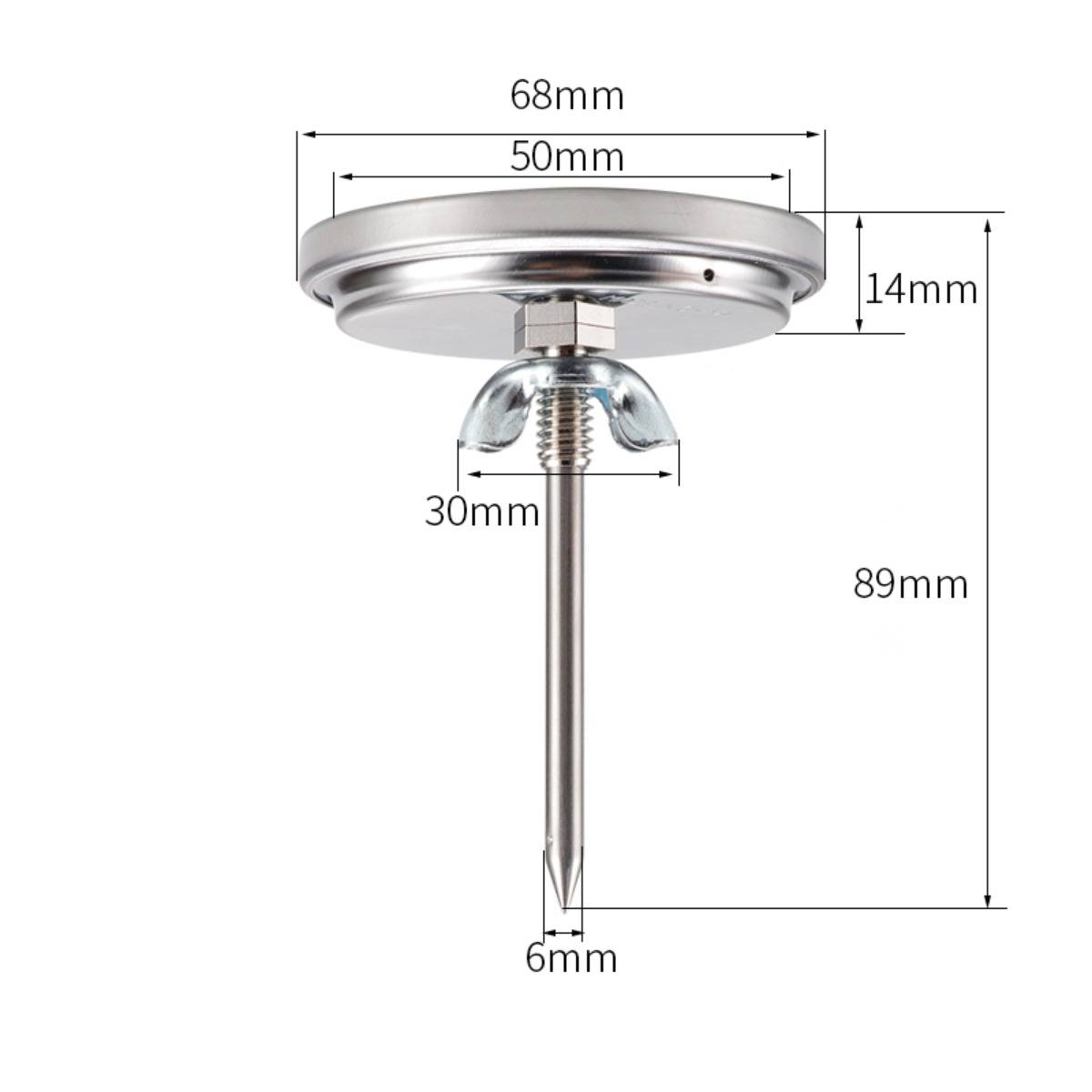 Maßstabszeichnung einer Edelstahlsonden-Baugruppe mit einem oberen Durchmesser von 68 mm, einer inneren Breite von 50 mm, einer Höhe von 14 mm, einer Gesamtlänge von 89 mm, einer Spannbreite von 30 mm und einer Spitzenbreite von 6 mm.