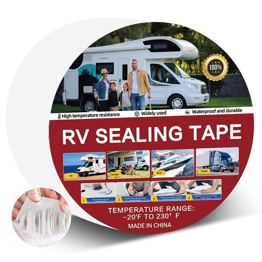 Produktverpackung für RV-Dichtungsband mit einer Abbildung eines Wohnmobils, einer Familie, Aussagen zur Wasserdichtheit/Langlebigkeit und einem Temperaturbereich von -20°F bis 230°F.