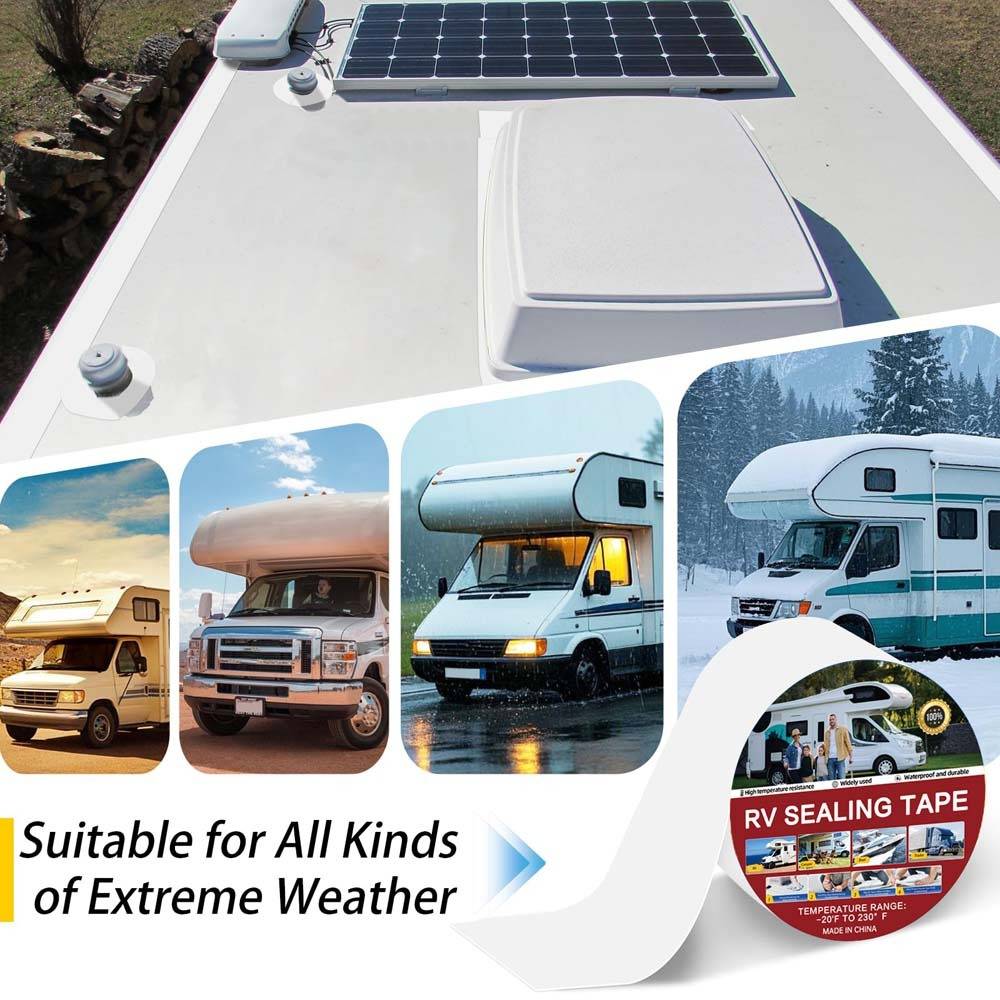 Werbegrafik, die ein Wohnmobildach mit einer Dachentlüftung und einem Solarpanel zeigt, plus Fotos von Wohnmobilen bei extremem Wetter und eine Rolle RV-Abdichtungsband mit der Aufschrift „Für alle Arten von extremem Wetter geeignet