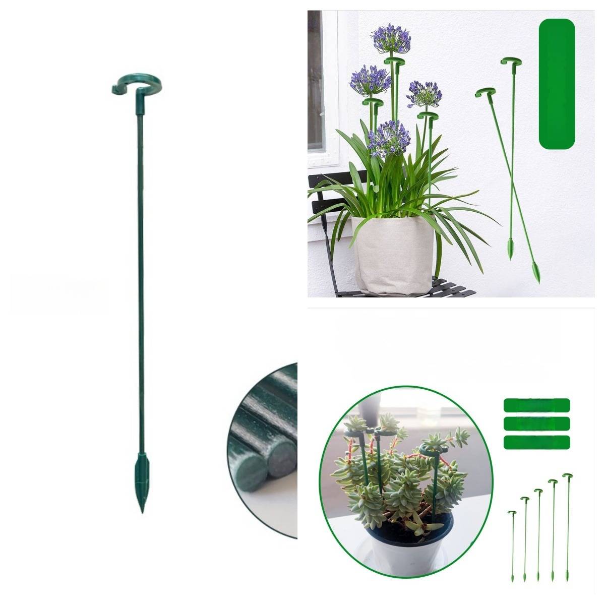 Grüne Metallpflanzenstützstäbe zum Aufrechterhalten von Blumen, dargestellt als hoher Stab, eine Pflanze in einem Topf und detaillierte Nahaufnahmen.