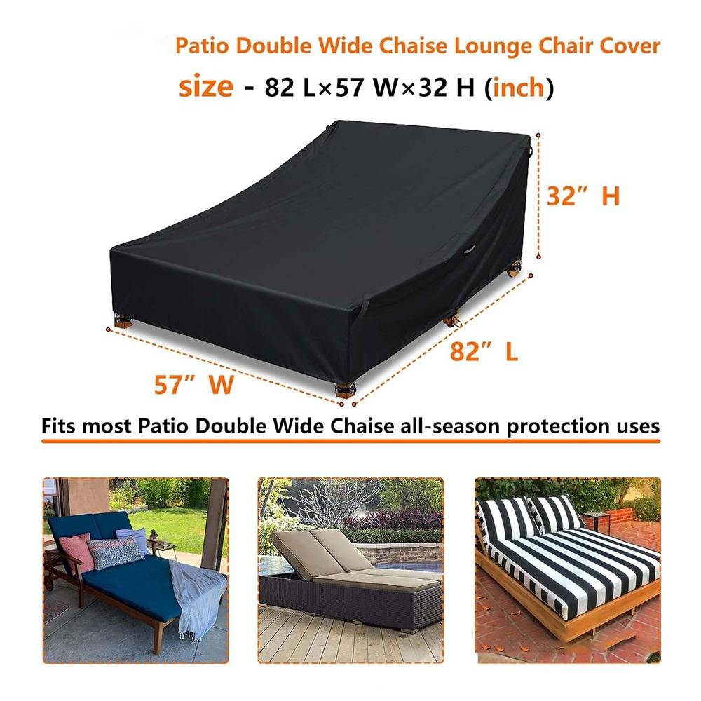 Schutzabdeckung für Patio-Doppel-Liegestuhl, Größe 82 L x 57 B x 32 H Zoll, dargestellt auf einem überdachten Liegestuhl für ganzjährigen Schutz.