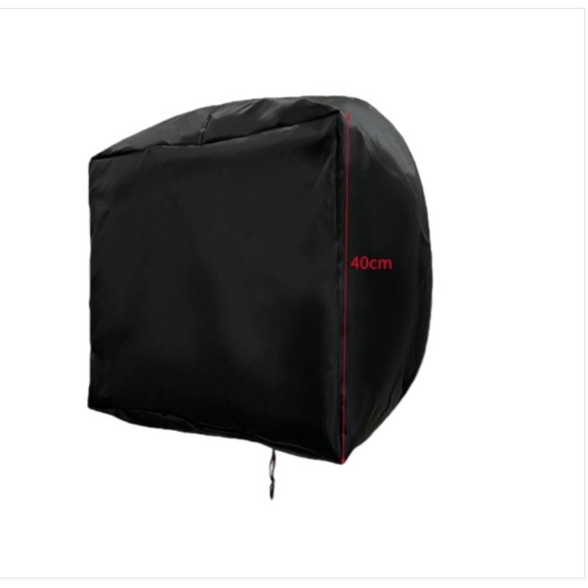 Schwarze quadratische, gepolsterte Schutzhülle oder Tasche mit Reißverschluss, mit einer Höhenangabe von 40cm auf weißem Hintergrund.