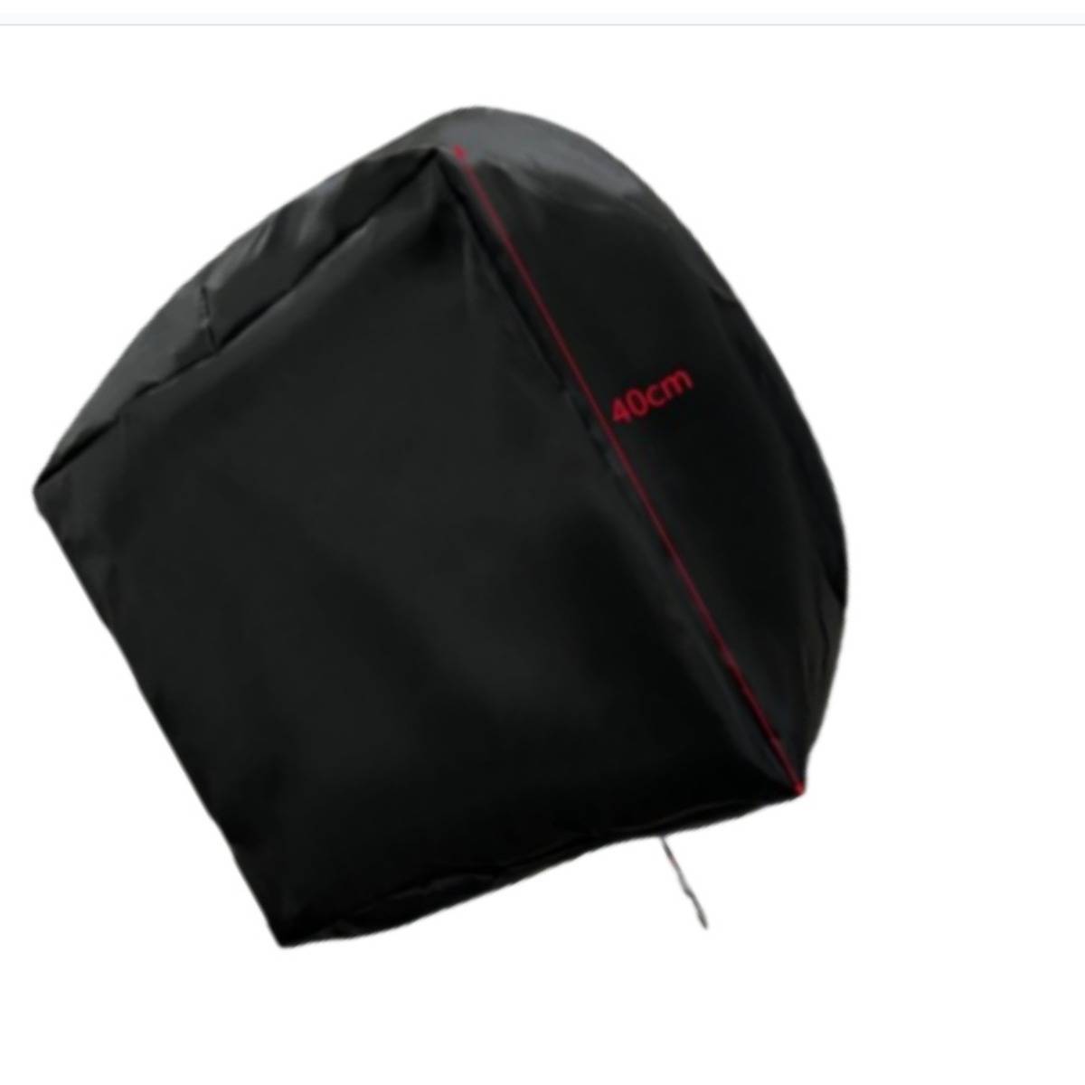Schwarze Kordelzug-Schutztasche oder Stoffhaube auf weißem Hintergrund gezeigt, beschriftet 40 cm hoch.