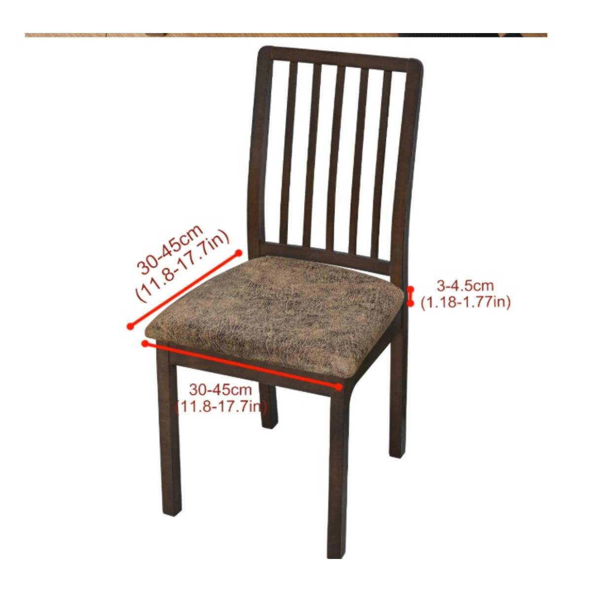 Brauner Esszimmerstuhl mit gepolstertem Sitz, abgebildet mit Messbeschriftungen für Sitzhöhe und Kissendicke.