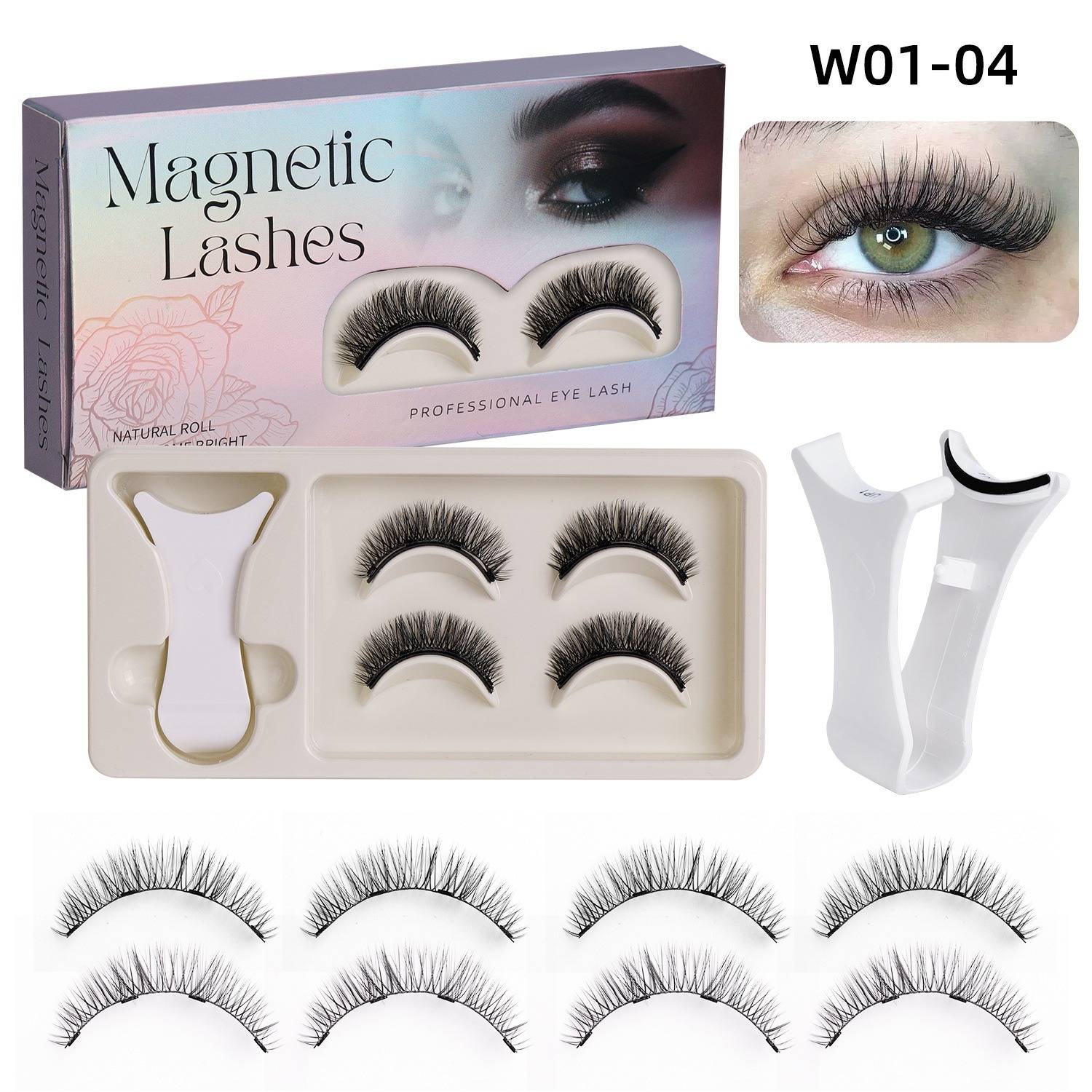 Produktbild von magnetischen künstlichen Wimpern, das die Schachtel, vier Wimpernpaare, ein Applikator-Werkzeug und ein Model, das ein Paar trägt, zeigt; mit der Bezeichnung „W01-04".
