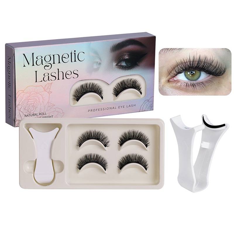 Magnetische Wimpernset mit falschen Wimpern, Applicator-Tool und Verpackung; Einsatz zeigt ein Auge mit den Wimpern.