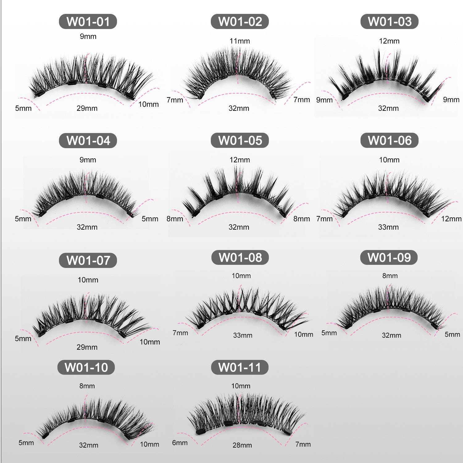 Diagramm mit 11 verschiedenen Arten von künstlichen Wimpern mit den Bezeichnungen W01-01 bis W01-11, jede mit unterschiedlichen Wimpernlängen und Basisbrei in Millimetern.