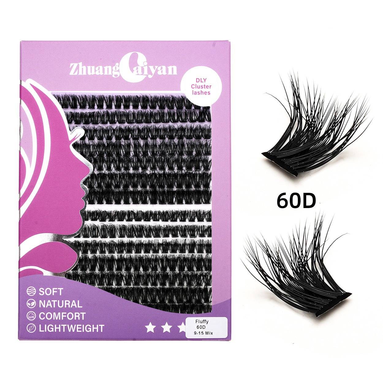 Rosa Zhuang Qiyan 'DLY Cluster Wimpern' Verpackung mit 60D künstlichen Wimpern und zwei schwarzen Wimperncluster-Mustern auf weißem Hintergrund.