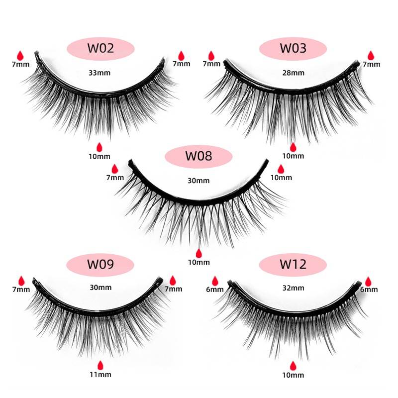 Bild mit fünf Styles für künstliche Wimpern mit den Bezeichnungen W02, W03, W08, W09 und W12, mit Längen in Millimetern gekennzeichnet.