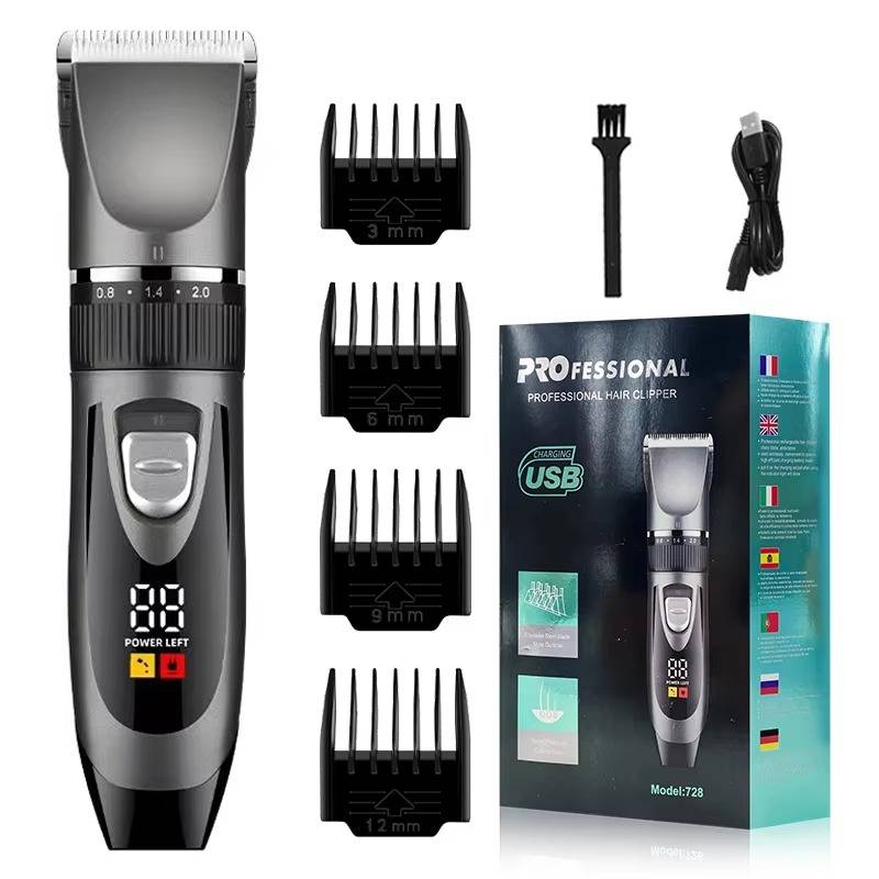USB-Profi-Haarschneidemaschinen-Set mit Trimmer, vier Kammaufsätzen (3, 6, 9, 12 mm), Reinigungsbürste, Ladekabel und Produktbox