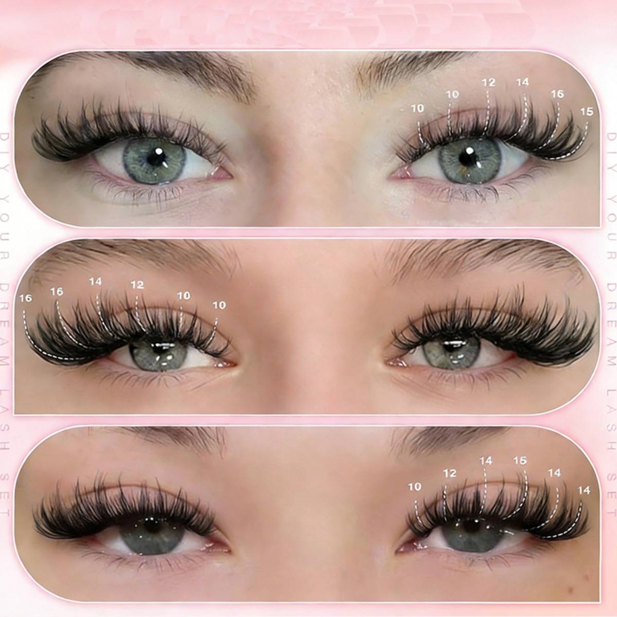 Drei Nahaufnahmen von Vorher-und-Nachher-Blicken auf die Augen einer Frau, die unterschiedliche Wimpernlängen und Wellen zeigen, die mit Messungen gekennzeichnet sind.