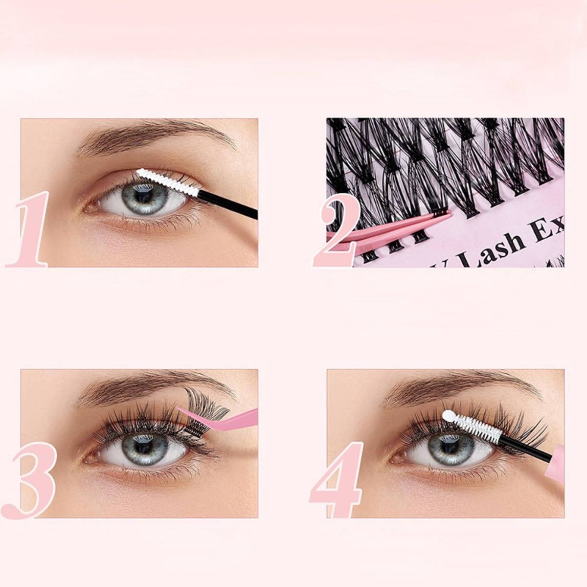 Vierschrittiger Leitfaden zur Anwendung von Wimpernverlängerungen mit einem Pinsel und einer Pinzette, die künstliche Wimpern in einer Nahaufnahme des Auges anbringen.