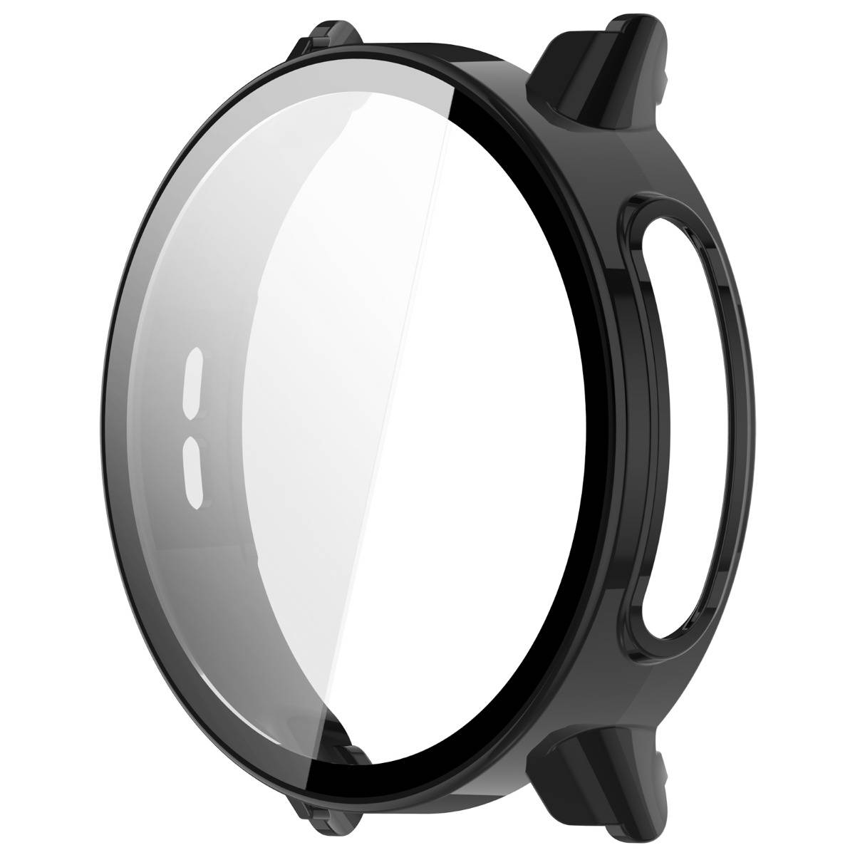 Schwarzes Smartwatch-Gehäuse mit großem rundem, klarem Display und seitlichem Ausschnitt, auf weißem Hintergrund dargestellt.