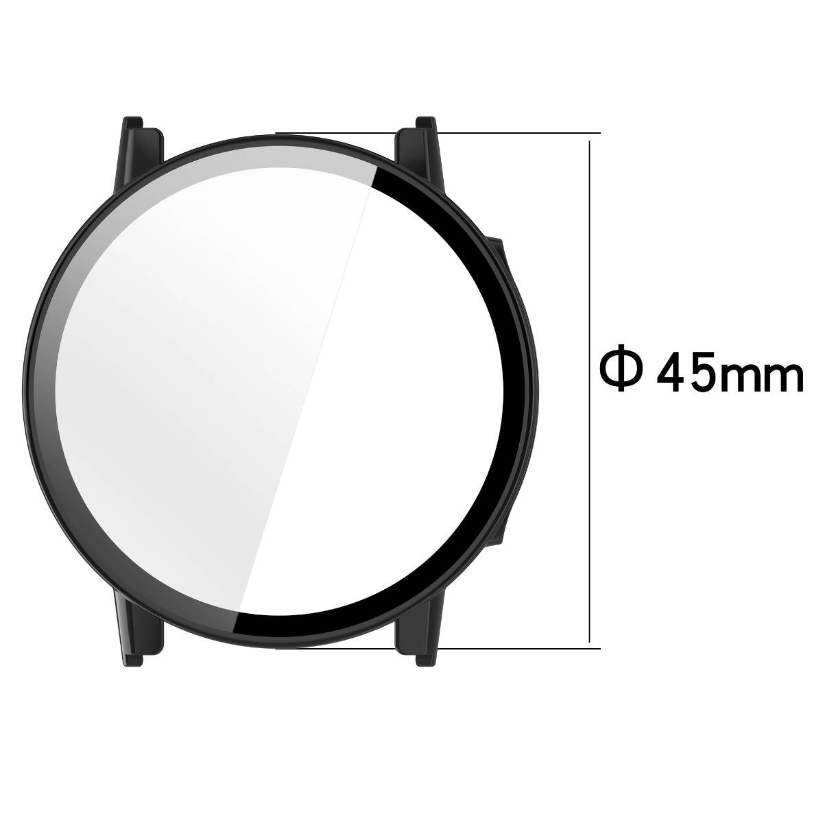 Rundes Zifferblatt oder Linse mit schwarzem Rand, mit einer Bezeichnung von 45 mm Durchmesser.