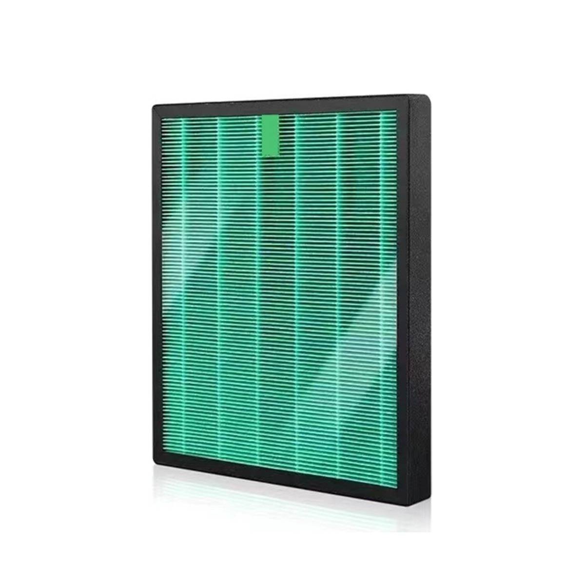 Grünes Luftfilter-Panel mit schwarzem Rahmen und Falten auf weißem Hintergrund.